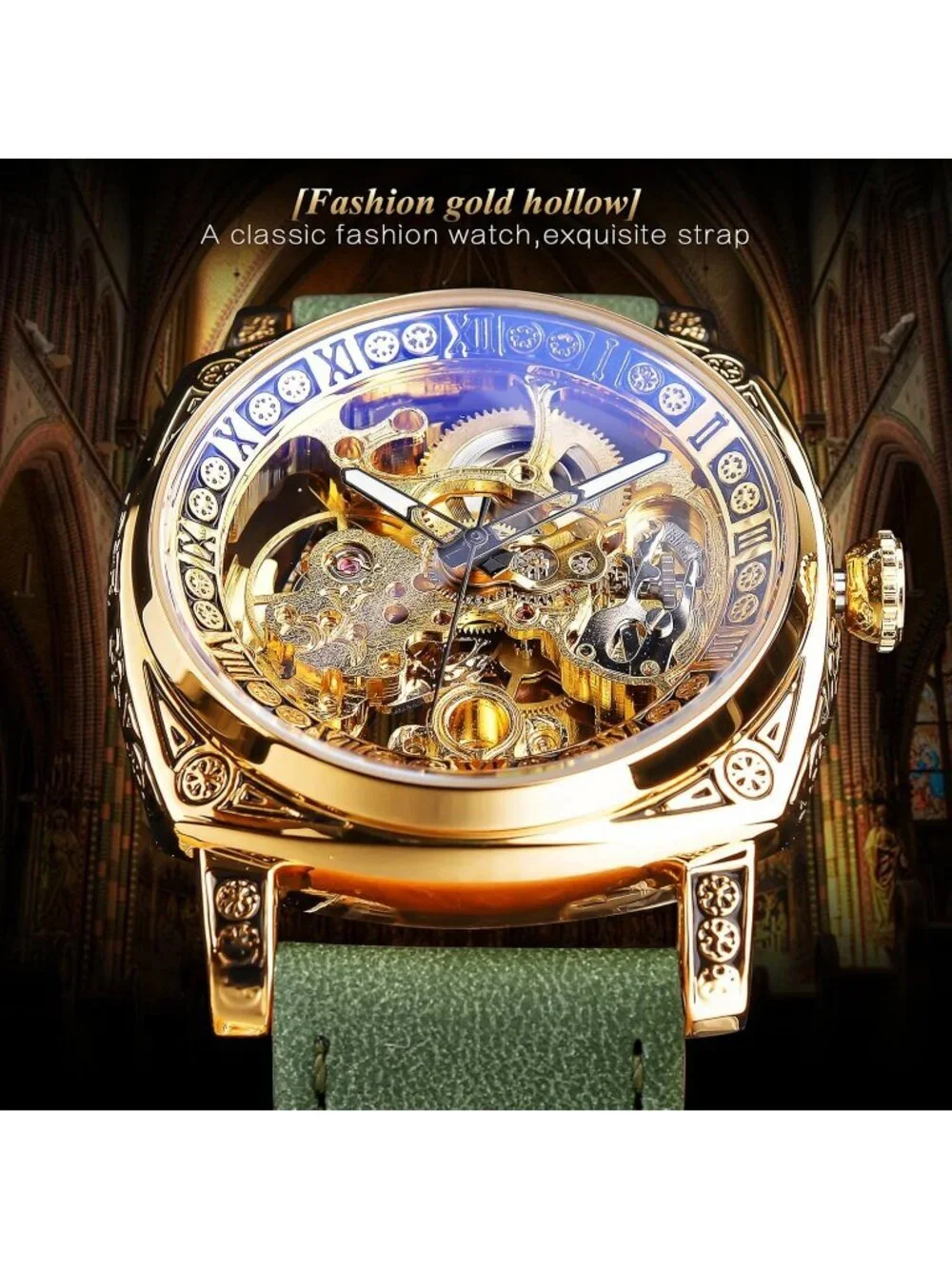 Mens Army Green Square Mechanical Leather Strap Self-Wind Carved Automatic Watch